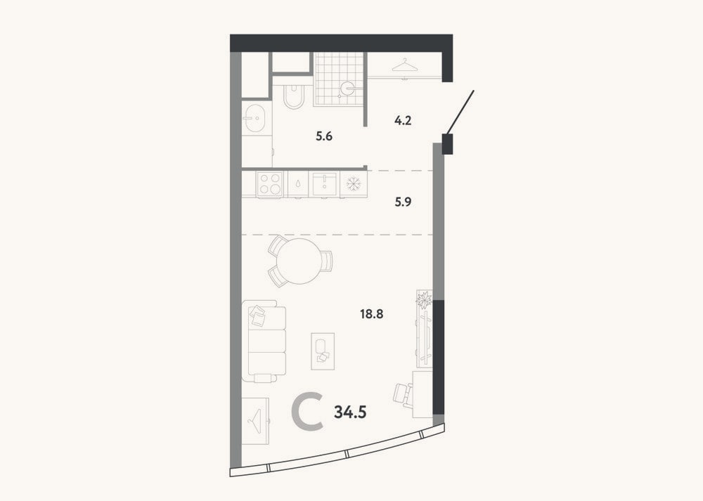Планировка: Студия, 34,5 м²