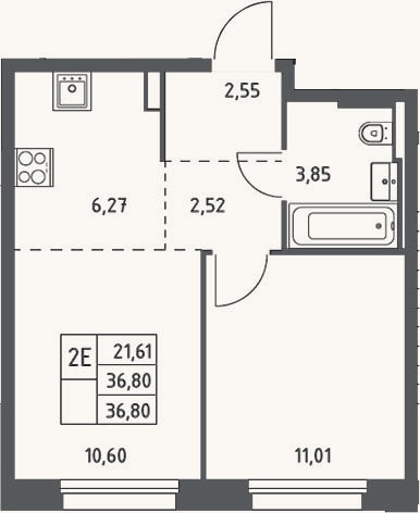 Планировка: 2-к, 36,8 м²