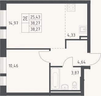 Планировка: 2-к, 38,3 м²