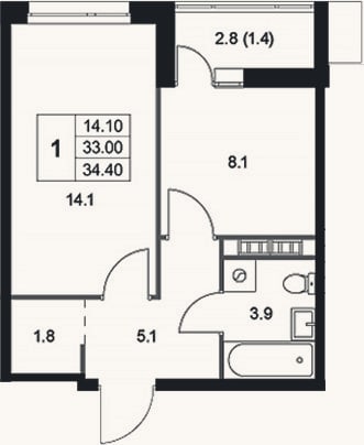 Планировка: 1-к, 33,1 м²