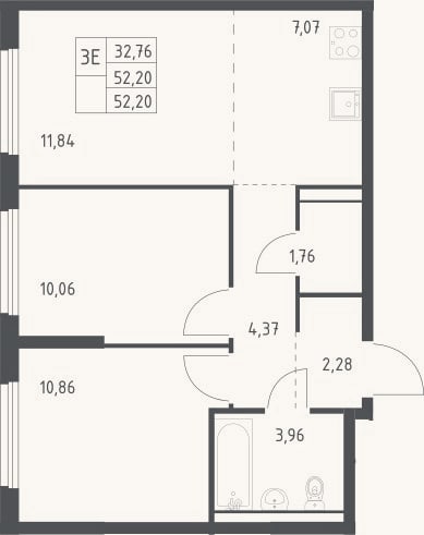 Планировка: 3-к, 52,2 м²