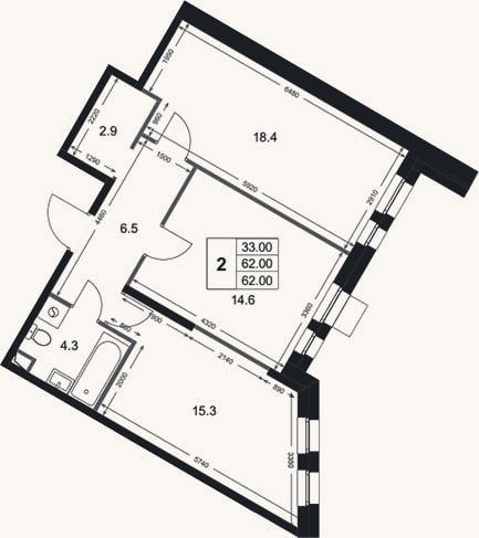 Планировка: 2-к, 62 м²