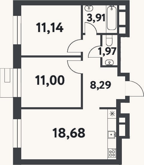 Планировка: 2-к, 55 м²