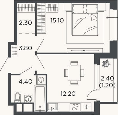Планировка: 1-к, 37,8 м²