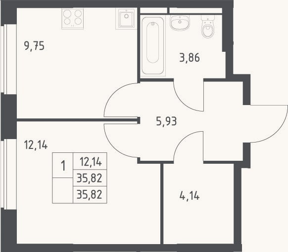 Планировка: 1-к, 35,8 м²