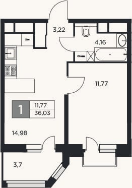 Планировка: 1-к, 34,2 м²