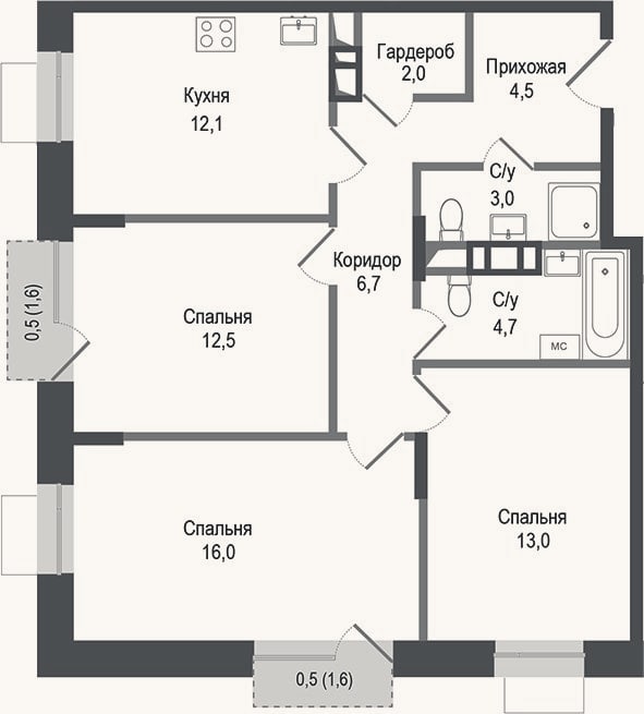 Планировка: 3-к, 74,5 м²