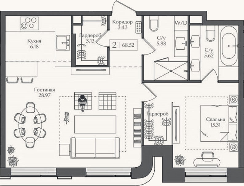 Планировка: 2-к, 68,5 м²