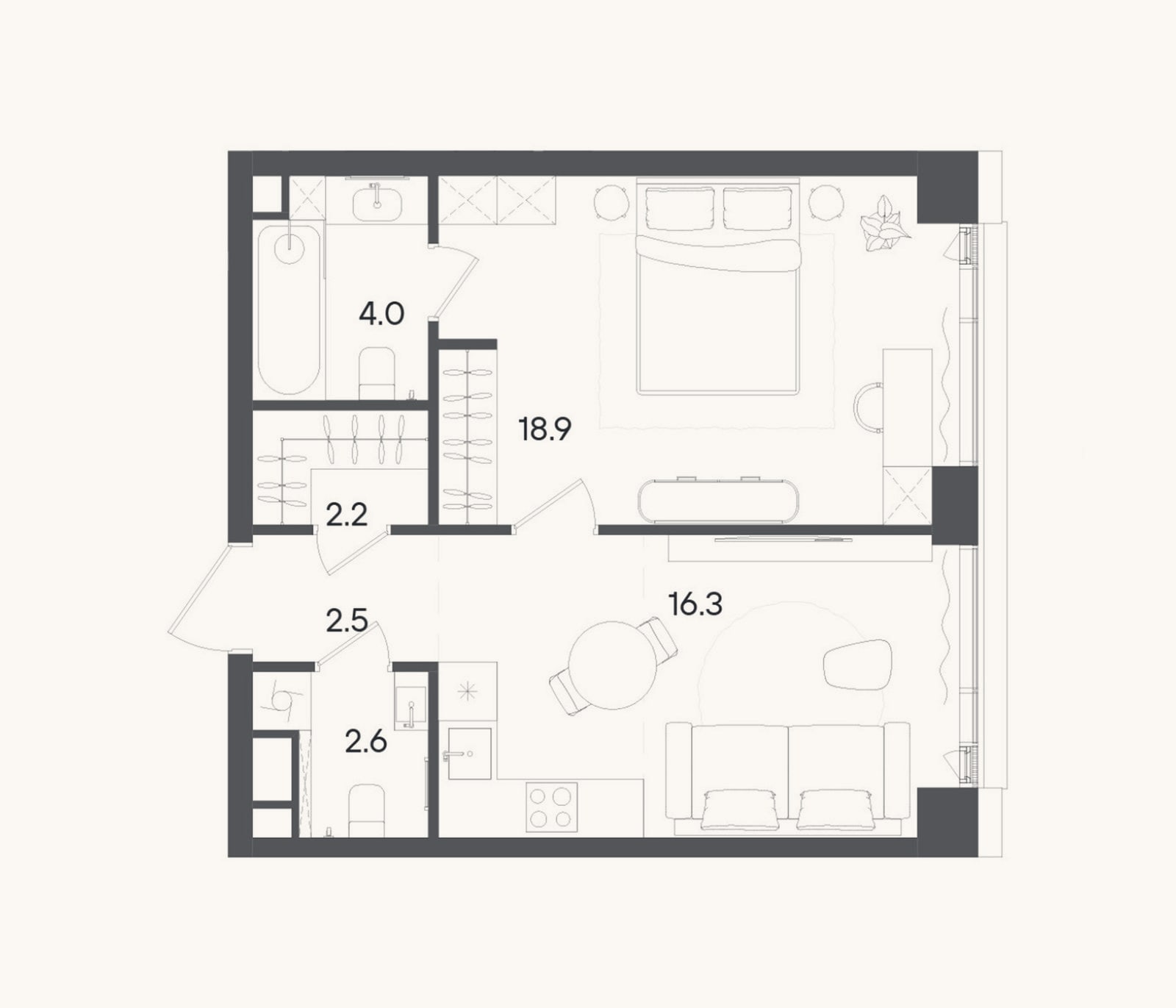 Планировка: 2-к, 46,5 м²