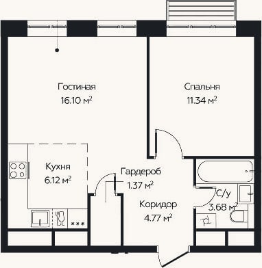 Планировка: 2-к, 43,4 м²
