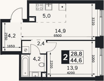 Планировка: 2-к, 44,6 м²
