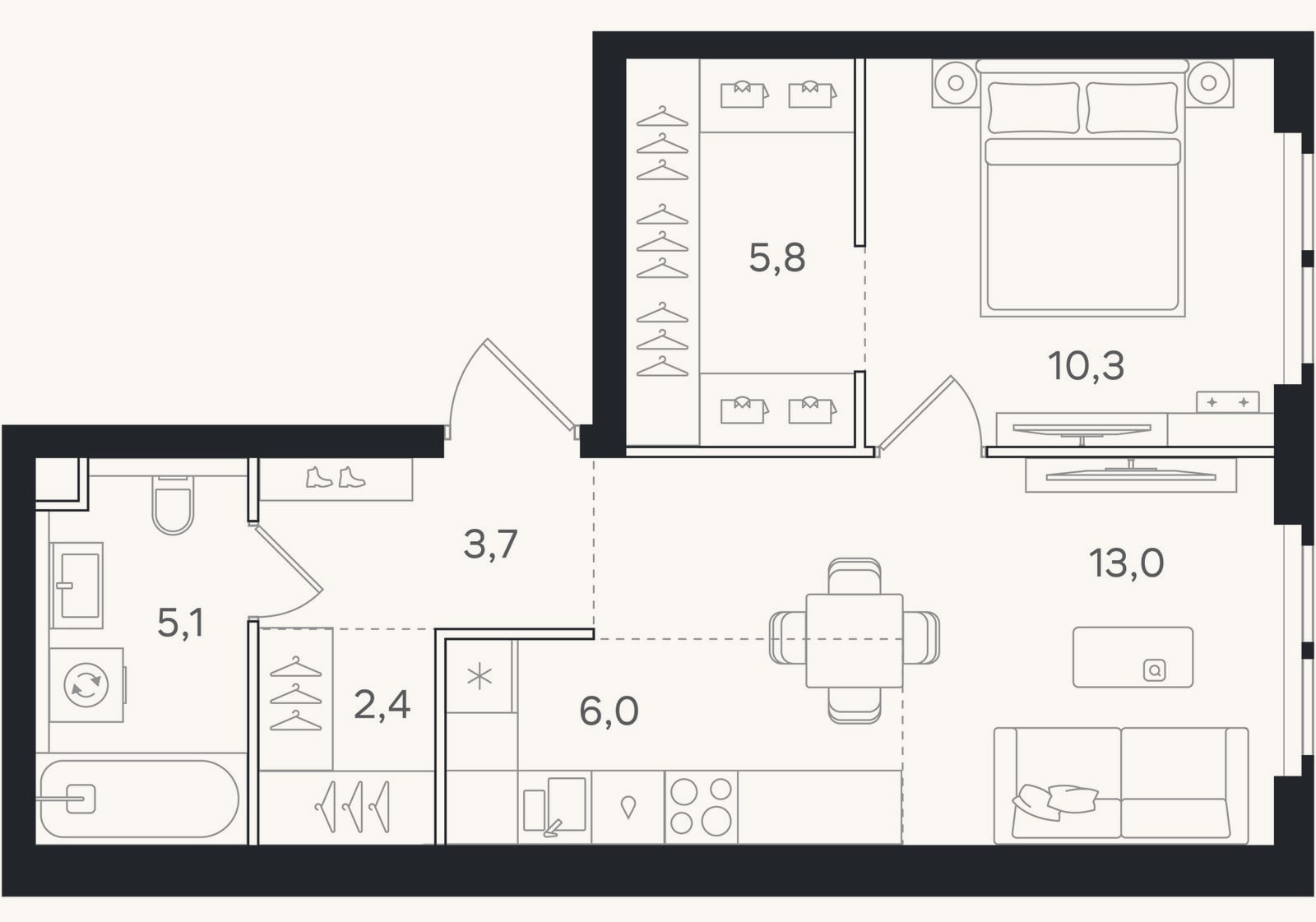 Планировка: 2-к, 46,3 м²