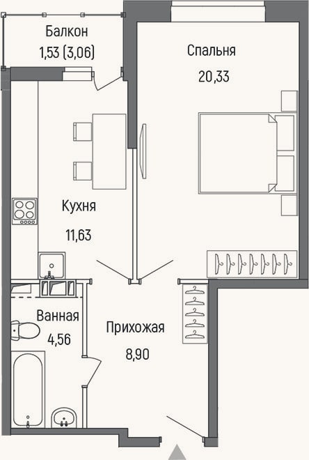 Планировка: 1-к, 42,8 м²