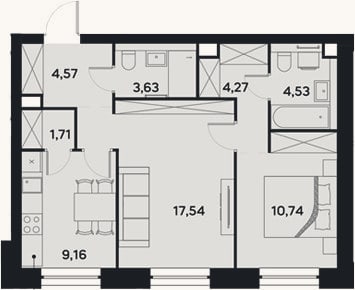 Планировка: 2-к, 56,2 м²