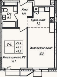 Планировка: 2-к, 45,3 м²
