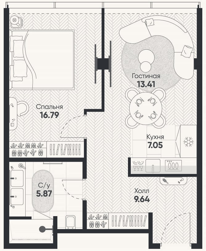 Планировка: 2-к, 53,1 м²