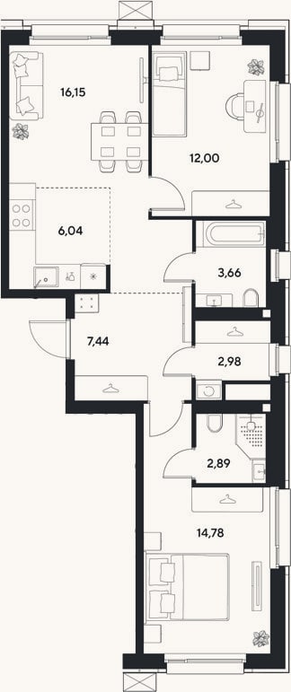 Планировка: 3-к, 65,9 м²