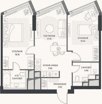 Планировка: 3-к, 68,8 м²