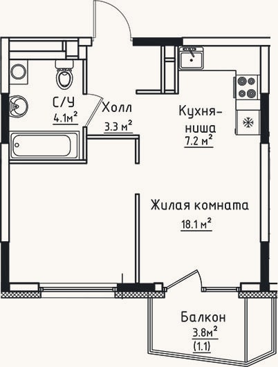 Планировка: Студия, 32,7 м²