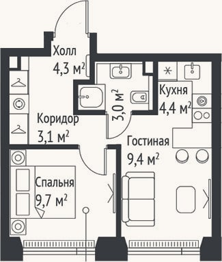 Планировка: 2-к, 33,9 м²