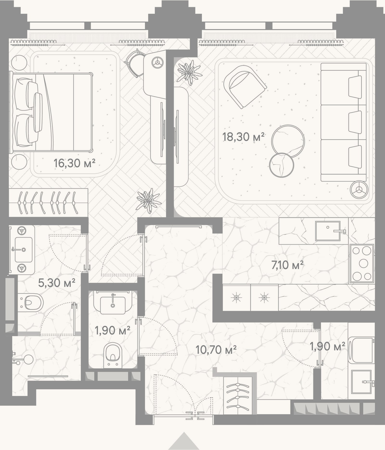 Планировка: 1-к, 61,5 м²
