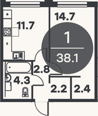 Планировка: 1-к, 38,1 м²