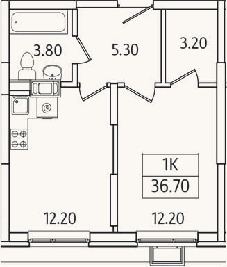 Планировка: 1-к, 36,7 м²
