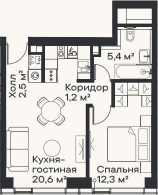 Планировка: 2-к, 42 м²