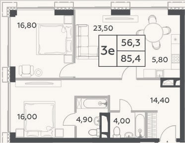 Планировка: 3-к, 85,4 м²
