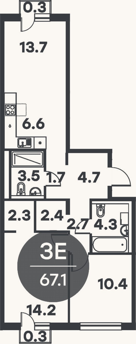 Планировка: 3-к, 66,5 м²