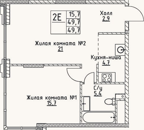 Планировка: 2-к, 49,7 м²