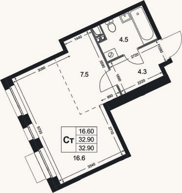 Планировка: Студия, 32,9 м²