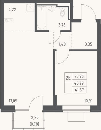Планировка: 2-к, 40,8 м²