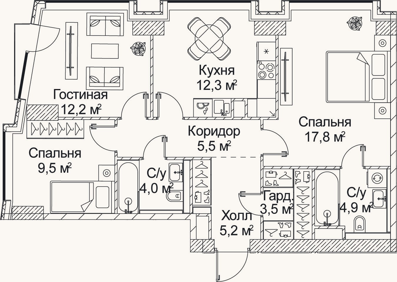 Планировка: 3-к, 75 м²