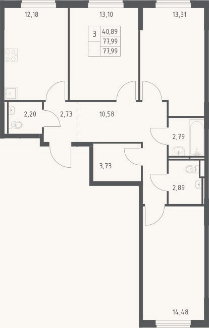Планировка: 3-к, 78 м²