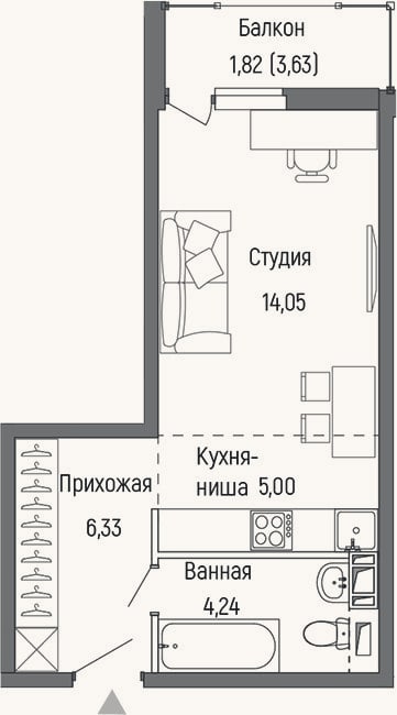 Планировка: Студия, 29,6 м²