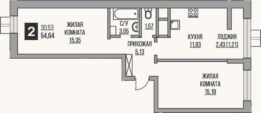 Планировка: 2-к, 52,2 м²