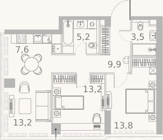 Планировка: 3-к, 66,4 м²