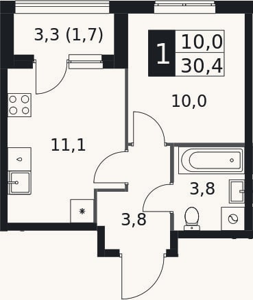 Планировка: 1-к, 28,7 м²