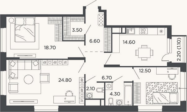 Планировка: 3-к, 93,8 м²