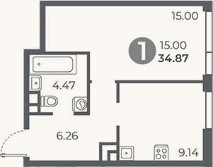 Планировка: 1-к, 34,9 м²