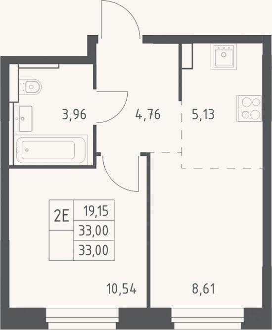 Планировка: 2-к, 33 м²