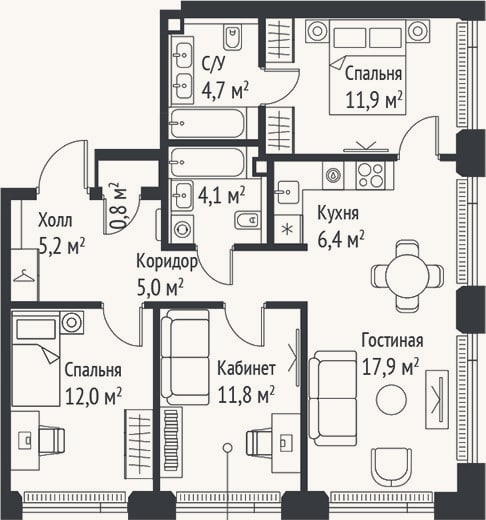 Планировка: 4+ к, 79,6 м²