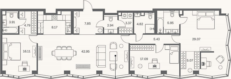 Планировка: 4+ к, 157,5 м²