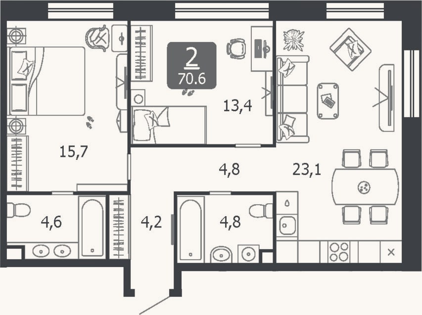Планировка: 3-к, 70,6 м²