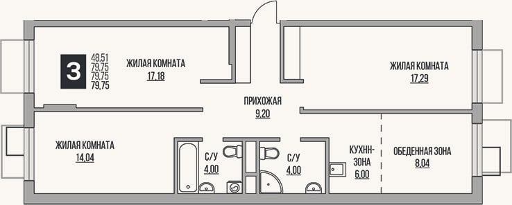 Планировка: 3-к, 79,8 м²