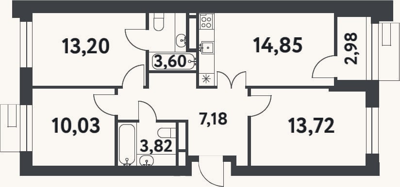 Планировка: 3-к, 68,7 м²
