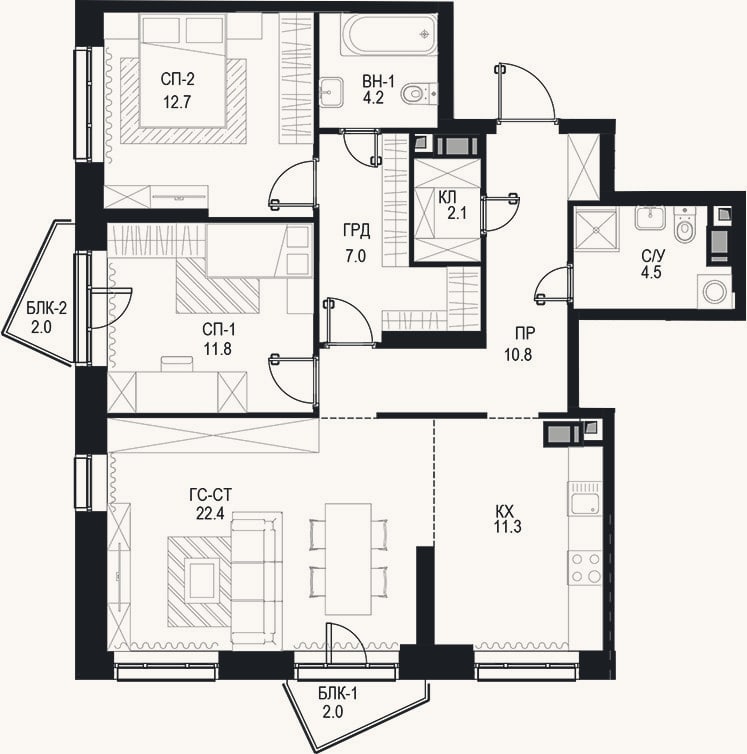 Планировка: 3-к, 86,8 м²