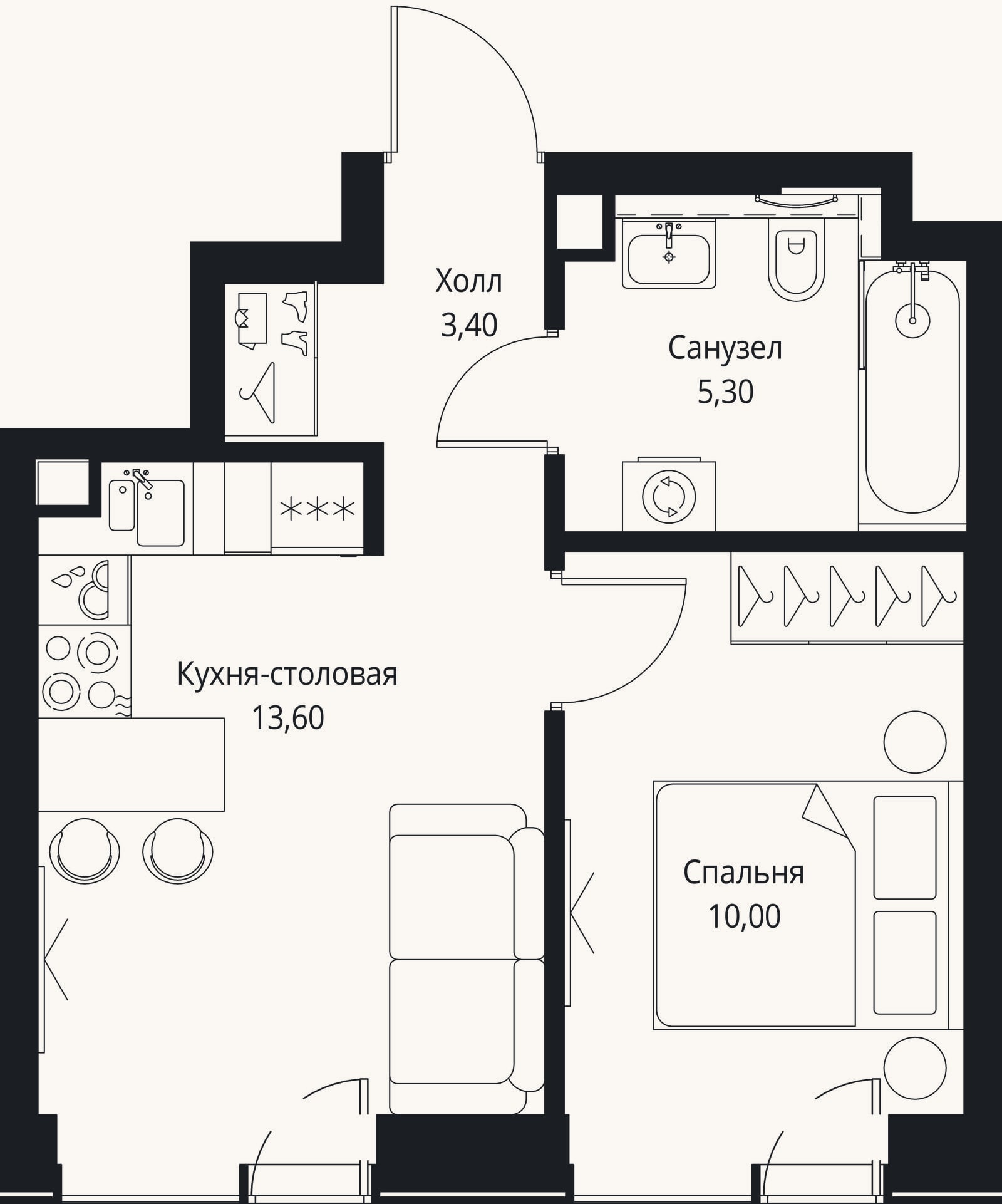 Планировка: 2-к, 32,3 м²