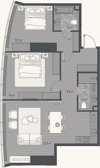 Планировка: 3-к, 83 м²